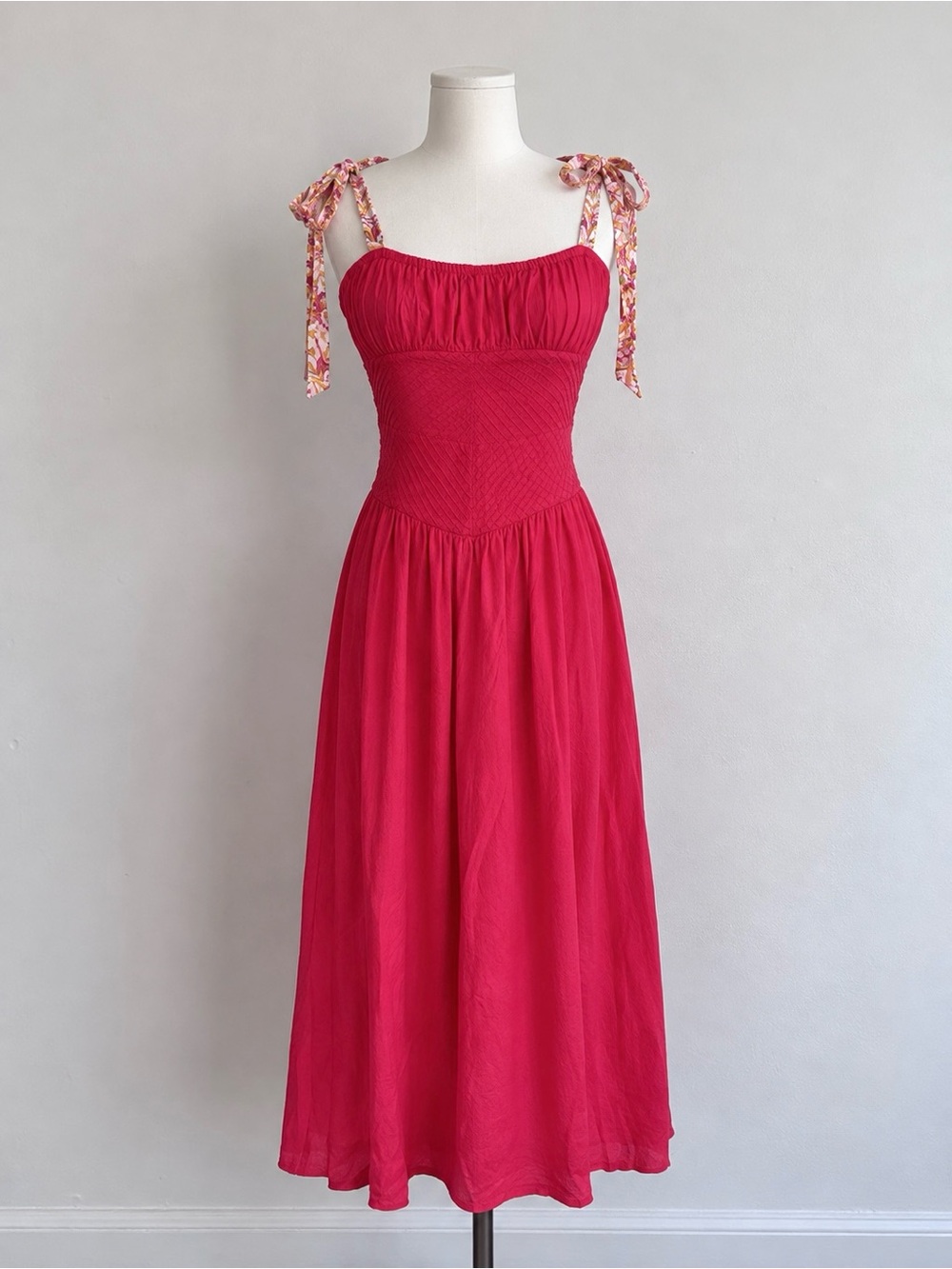 Fitted raspberry red maxi dress with tie halters